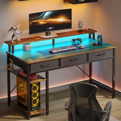 Rectangle Computer Desk with Shelves, Office Desk with Power Outlets & RGB LED Lights