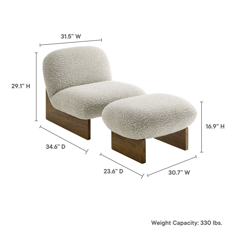 Loyal Boucle Fabric Accent Chair And Ottoman Set, Walnut, River Rock Fabric