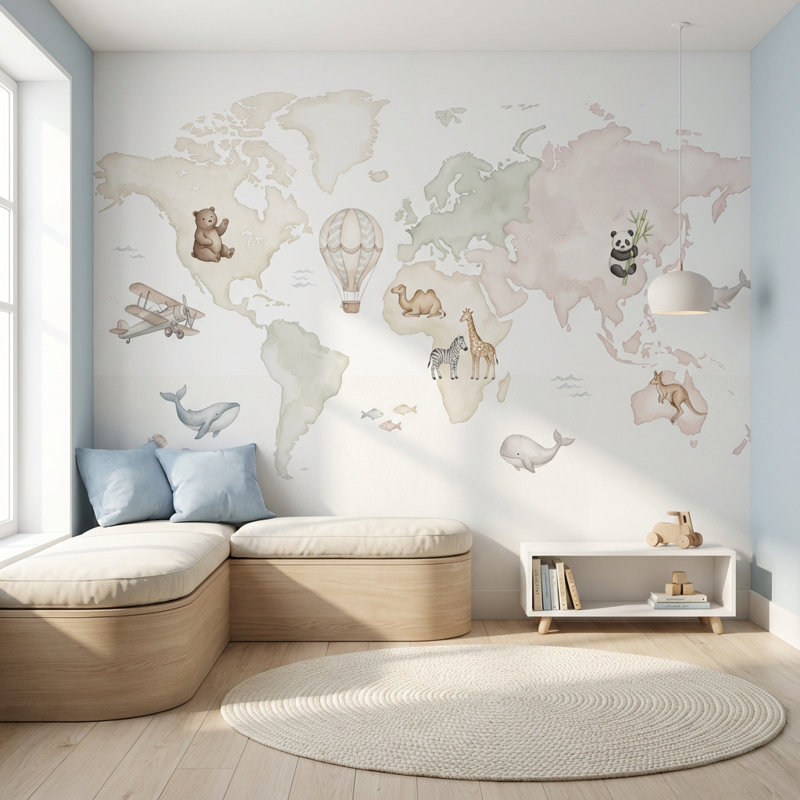 Papier peint carte du monde aquarelle, 120 po x 96 po, Non tissé