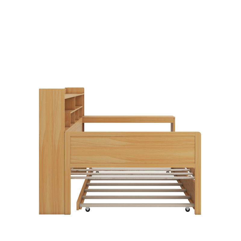 Twin Daybed With Storage Shelves,Trundle Bed And Study Desk, Natural, Twin