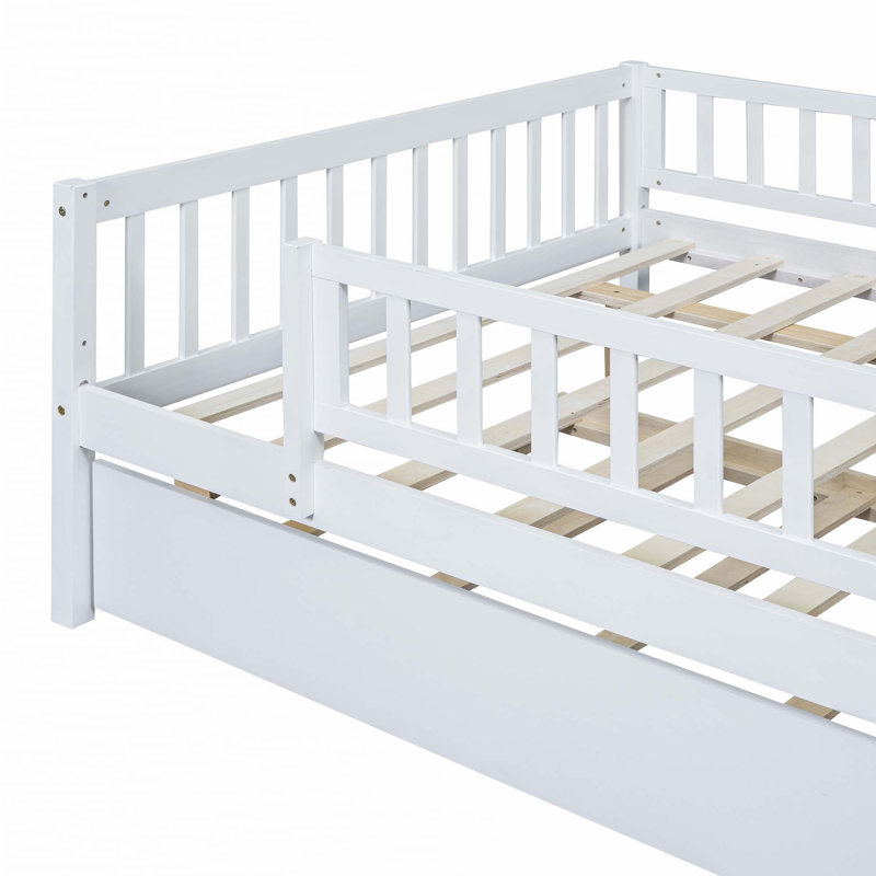 Wood Daybed with Trundle and Fence Guardrails, White, Full