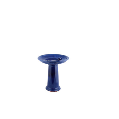 Bird Bath On Pedestal W/bird, Ceramic, Blue