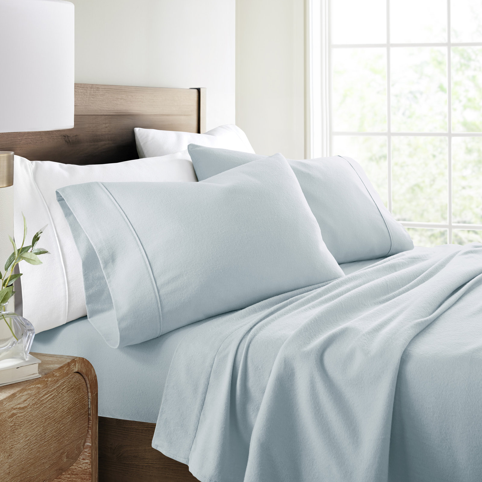 Rience 100% Cotton Solid Flannel Sheet Set, Light Navy, King