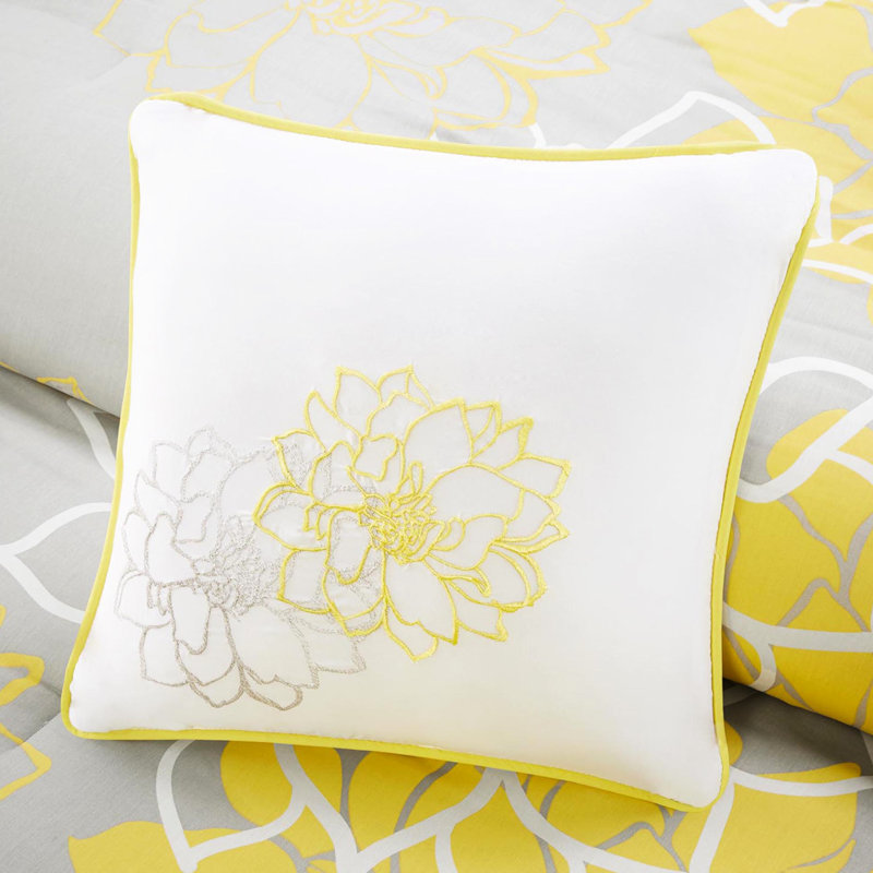Édredon très grand en coton imprimé - gris taupe / jaune, jupe de lit, bourre de literie, 2 taies décoratives, 3 coussins
