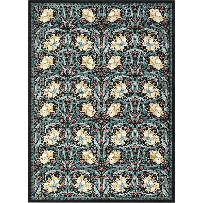 Washable Vintage Floral Hallway Runner Rug, Non-Slip, Stain-Resistant, for Kitchen, Laundry & Bathroom - Black