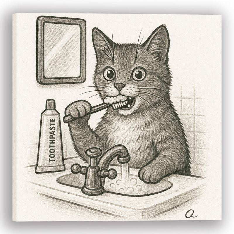 «Brush Time Whiskers», art mural sur toile «Drôle de chat se brossant les dents»