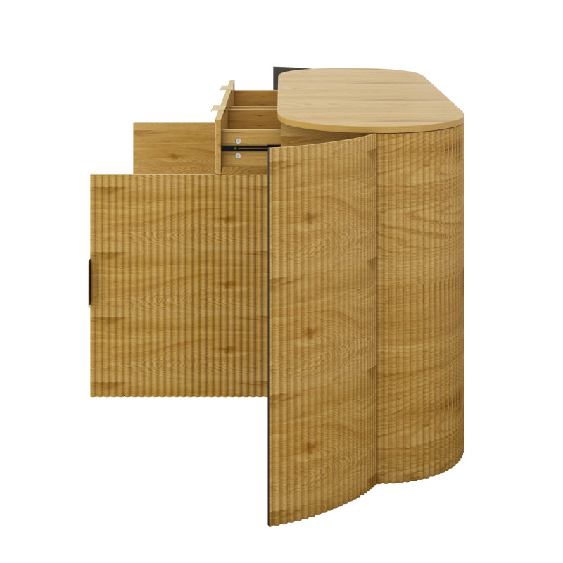 55.1" Sideboard With 2 Doors & 2 Drawers, Curved Side Door And 3-Tier Adjustable Shelves, Stripe MDF Buffet, Natural
