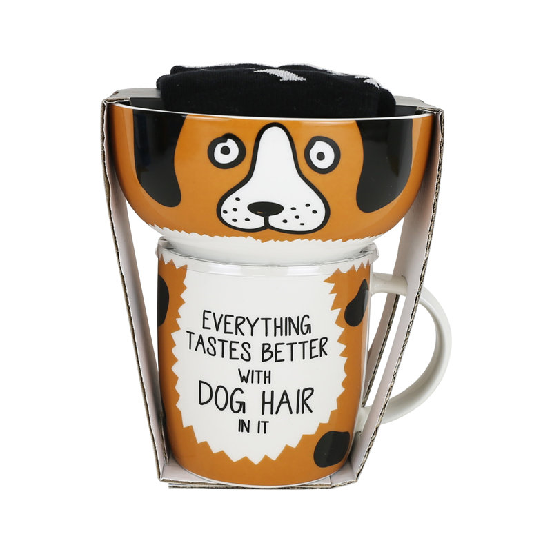 Ensemble-cadeau 3 pièces Enesco Our Name Is Mud Dog Lover - 12 oz. Grande tasse en porcelaine tendre, 15 oz Ensemble bol et chaussette
