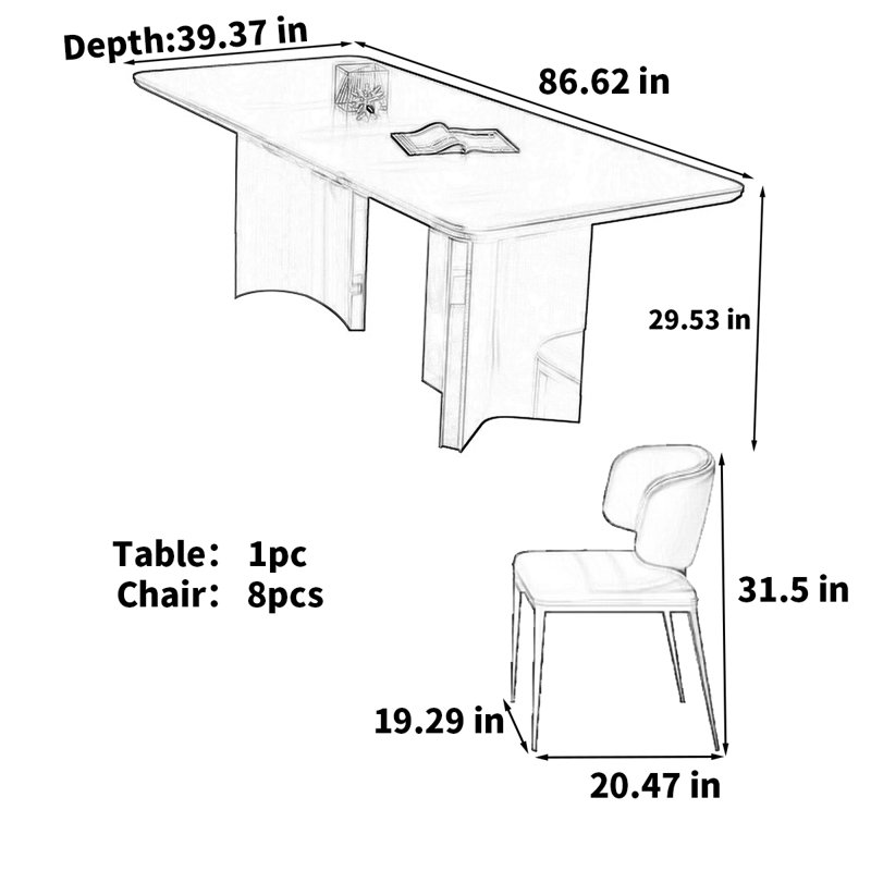 Table rectangulaire légère et moderne, H 29,53 po x L 86,62 po x l 39,37 po