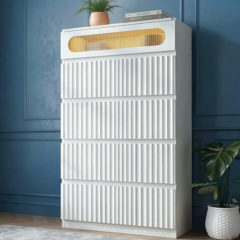 Arching Modern 5-Drawer Dresser With Led Lights & Glass Display Top, Fluted Chest Of Drawers For Bedroom,White, White