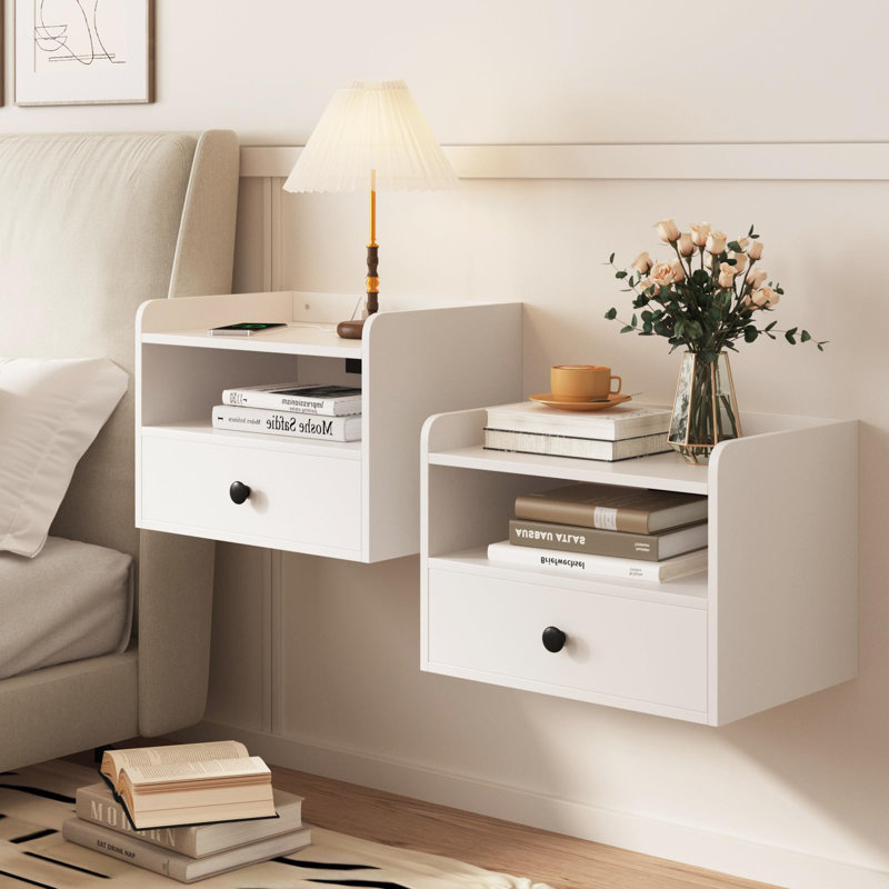 White Wood Floating Nightstand Set with Drawer and Shelf