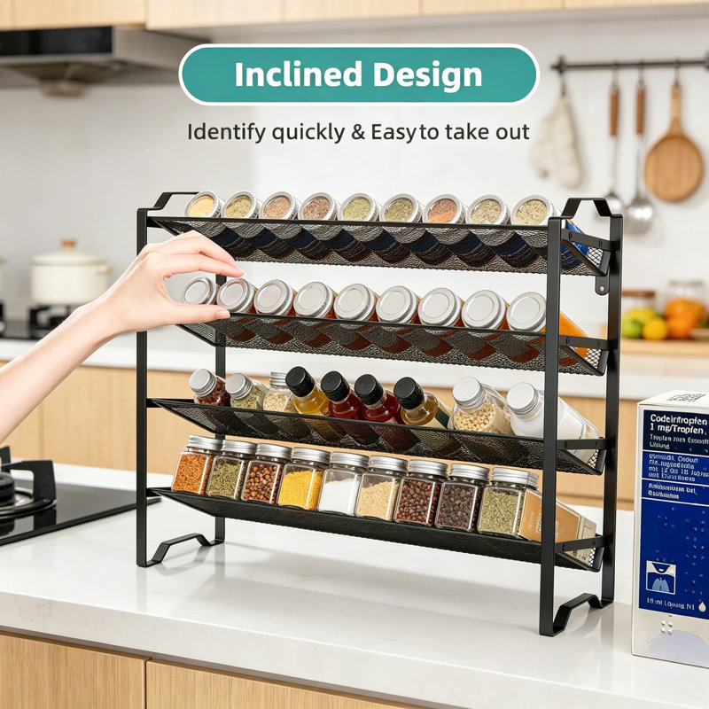 Étagère à épices empilable à 4 niveaux avec tablettes inclinées, conception en filet métallique peu encombrant pour comptoir, armoire, garde-manger ou fixation murale