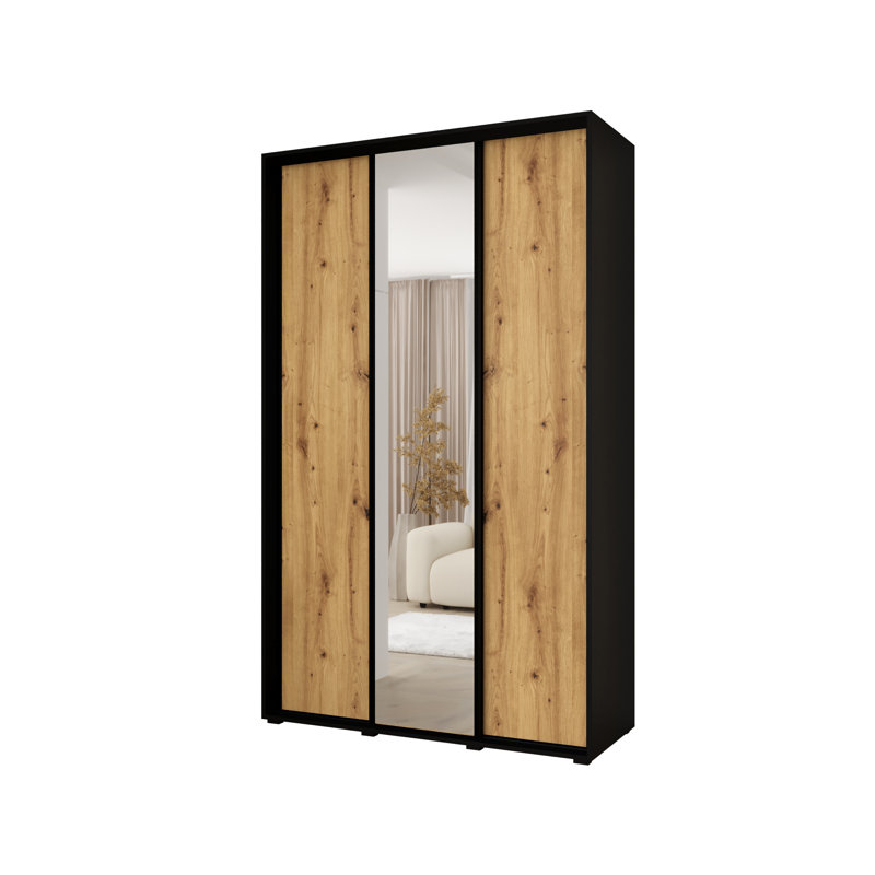 3 Door Manufactured Wood Wardrobe, Natural/Black, 235.2cm H x 160cm W x 60cm D