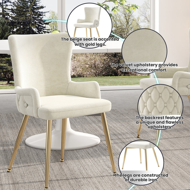 Dining Chairs Set Of Upholstered Armchairs, Beige with gold leg, 4