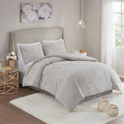 Ensemble d'édredon 3 pièces en chenille de coton capitonnée pleine fleur, gris chaud, motif Shabby Chic, rembourrage hypoallergénique