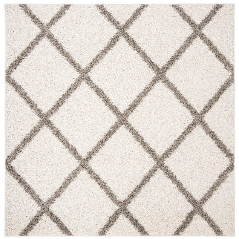 Darrold Shag Performance Geometric Rug, Ultra Plush 1.81", Square 8', Ivory/Gray