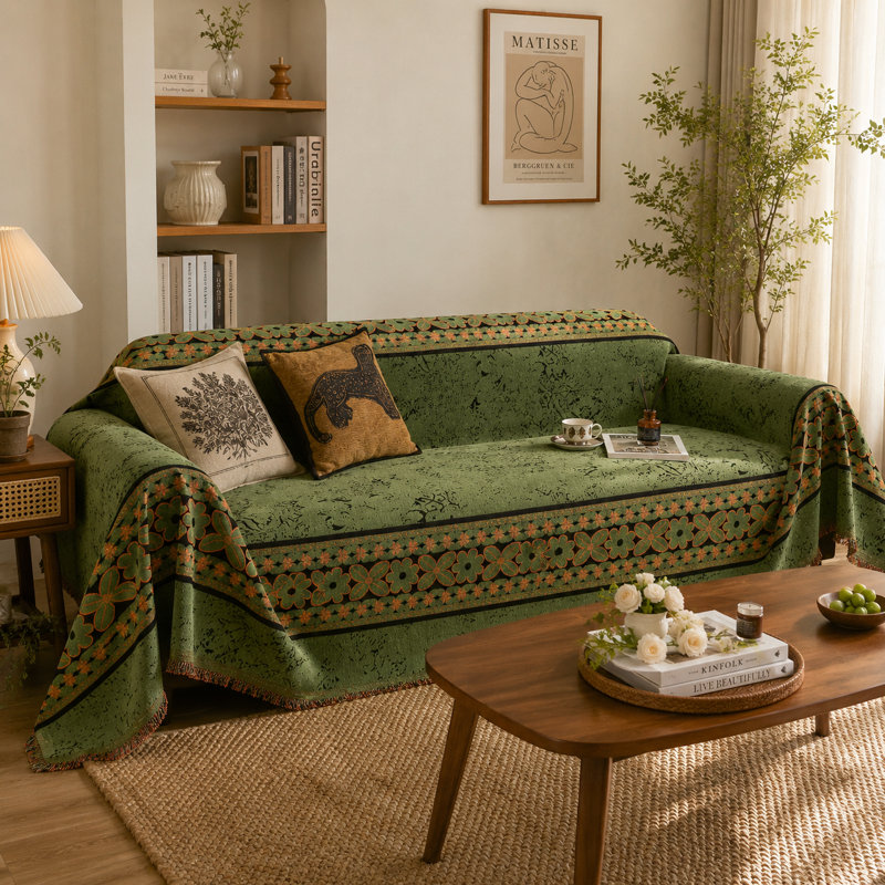Housse de canapé Vintage Floral Bohemian Chenille, 71" H x 134" W x 0.2" D, Green