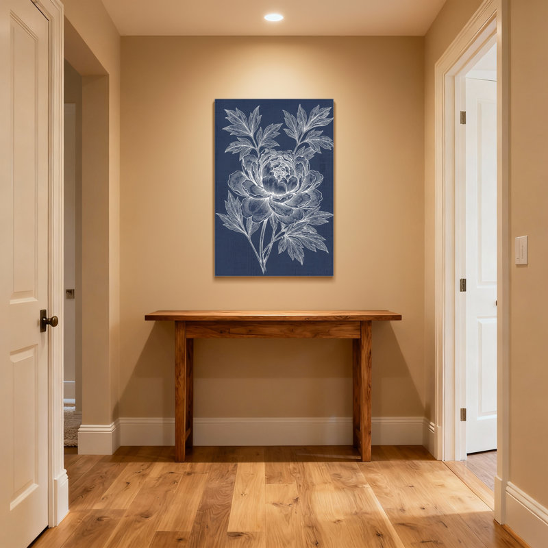 Plantes et fleurs pivoines sur toile bleu marine, H 12 po x l 18 po, Toile tendue, Ne s’applique pas