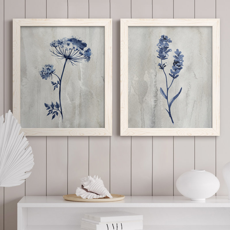 «Indigo Botanical I», ensemble de 2 reproductions d'impressions, H 20 po x l 17 po, Toile encadrée, Blanc
