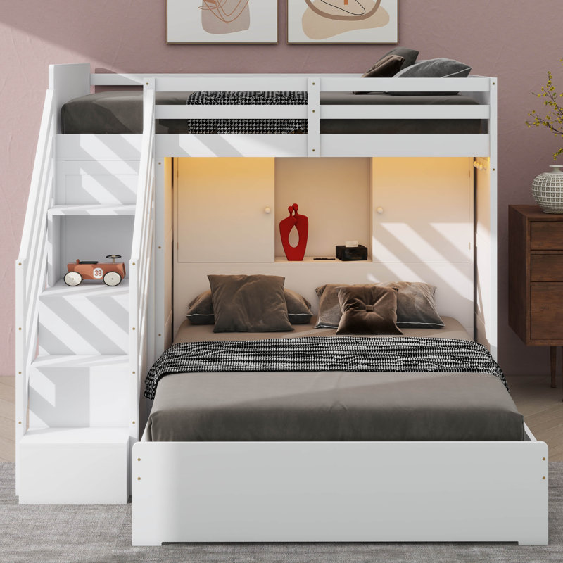 Lit superposé simple / double avec marches de rangement, garde-robe intégrée, ports USB et éclairage, Blanc