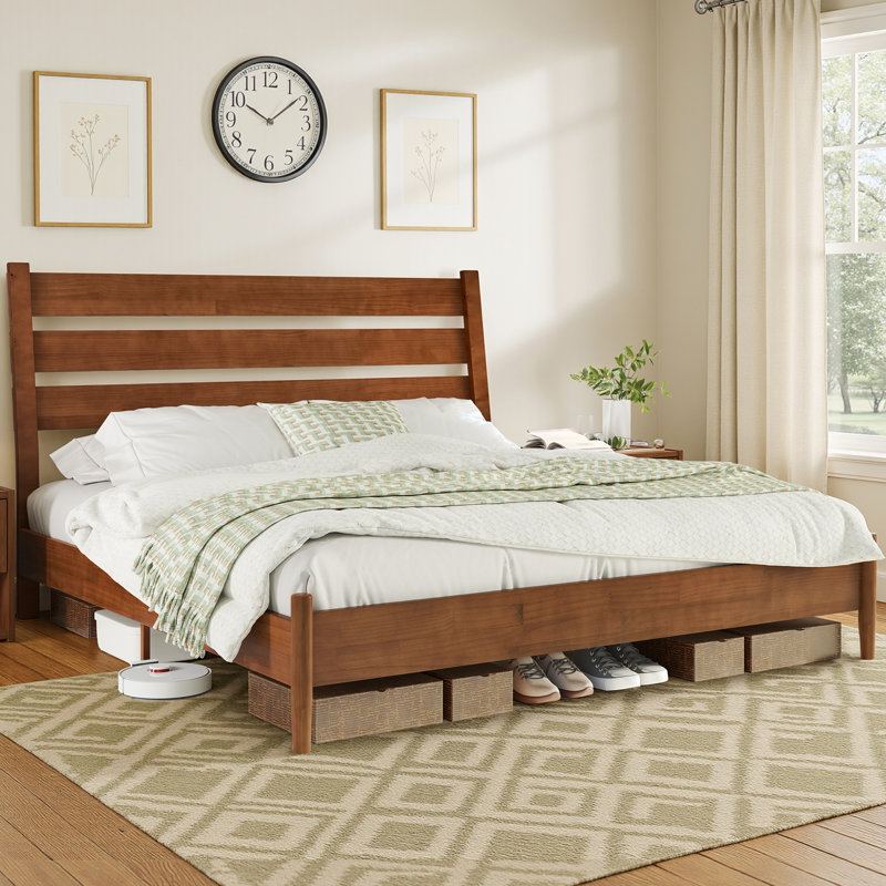 Mid-Century Modern Solid Wood Platform Queen Bed With Reclining Slatted Headboard, Light Brown, Light Brown, Queen