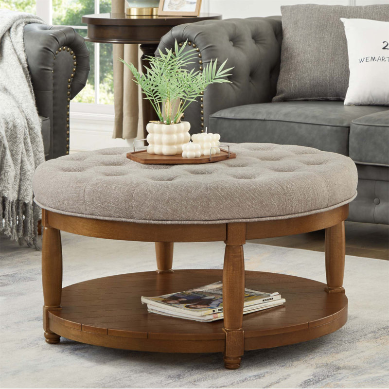 Large Round Upholstered Tufted Linen Ottoman Coffee Table With Wood Shelf Storage, Perfect For Indoor And Outdoor Use, Linen