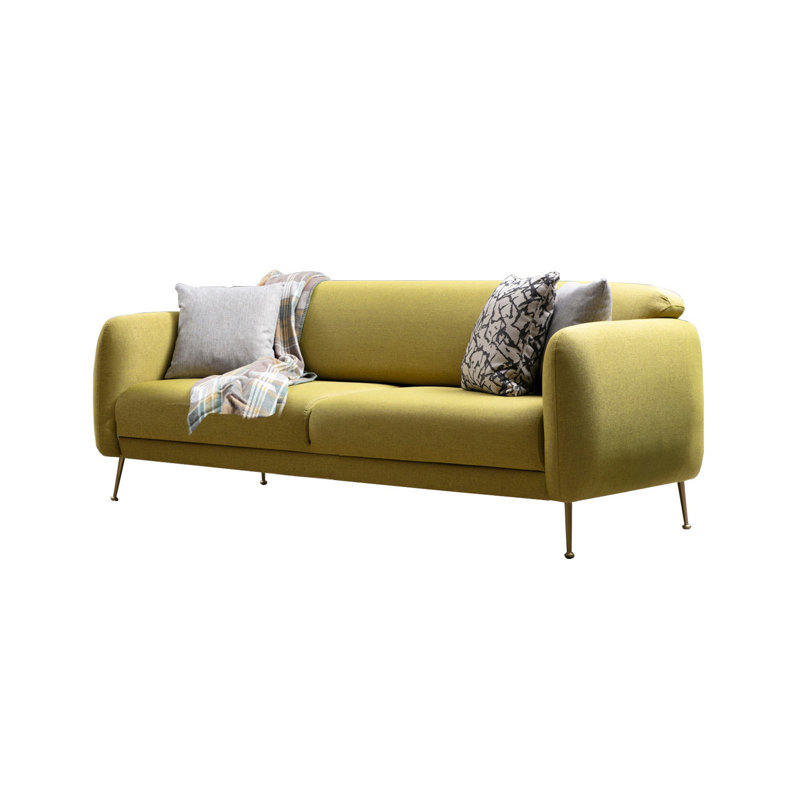 Canapé-lit moderne à 3 places, jaune, 84,3 po x 38,6 po x 33,5 po | Structure en bois de hêtre et en carton, tissu 100% polyester, système de canapé-lit avec dossier décalé | Coussins en mousse et plumes gris doux, design scandinave élégant