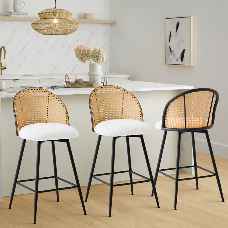 369° Swivel Upholstered Rattan Counter Height Bar Stool, Counter Stool (26" Seat Height), 4, Black Boucle