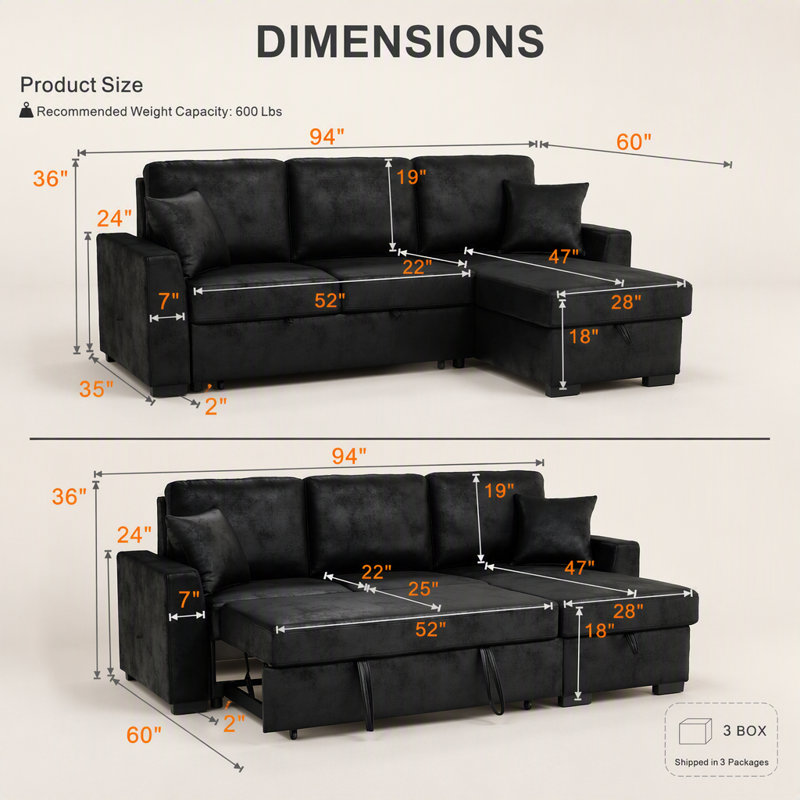 Canapé modulaire 94 po en similicuir avec lit escamotable et rangement pour chaise longue, Similicuir brun