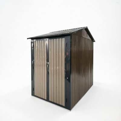 6X9 FT Outdoor Metal Storage Shed With Window & Flower Rack, Lockable Double Doors Tool Shed, Waterproof Weatherproof Garden Shed For Backyard Patio Brown Black
