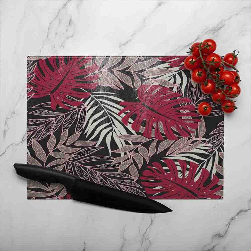 Tropical Leaves In Red White & Grey Glass Chopping Board