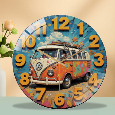Retro hippie‑van themed wall clock, vibrant colorful vintage bus print, large warm‑toned numerals, silent‑sweep quartz movement. Retro pop‑art aesthetic, great wall decor for dens, garages and casual home spaces.