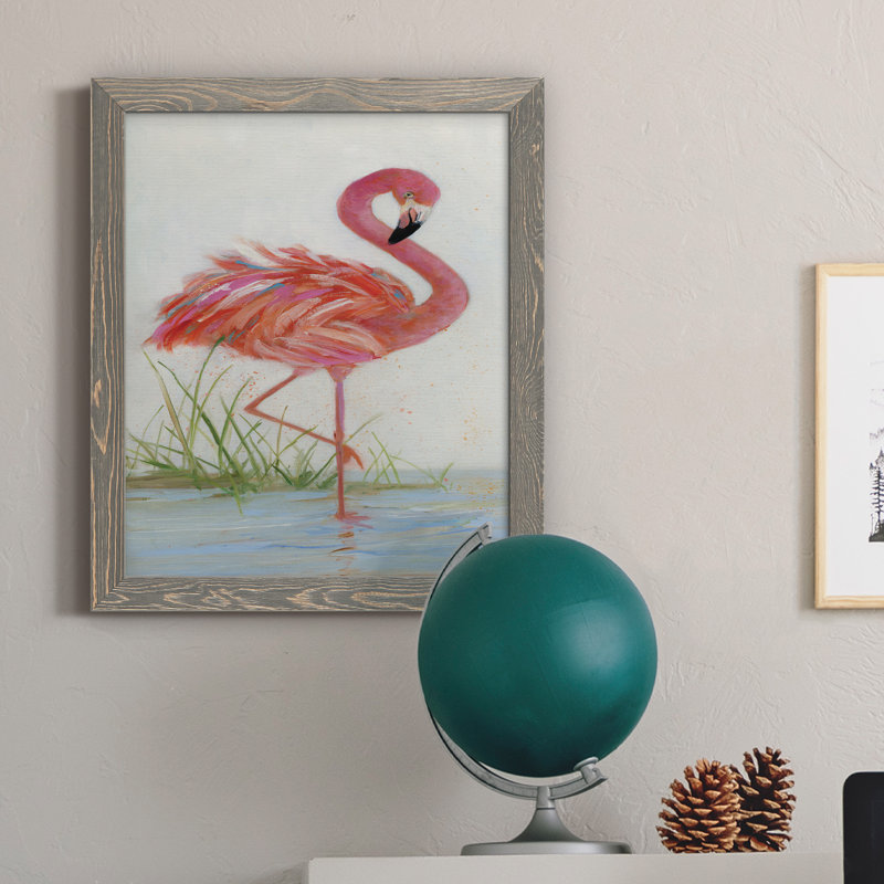 Flamant rose I - Peinture sur toile encadrée, gris, H 24 po x l 18 po x P 1,5 po