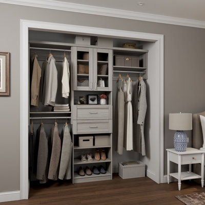 Grey Oak 58.5" Floor-Mounted Single Wall Closet System with 3 Sections, Glass Doors, 3 Clothing Rods, 8 Shelves & 2 Shaker Drawers