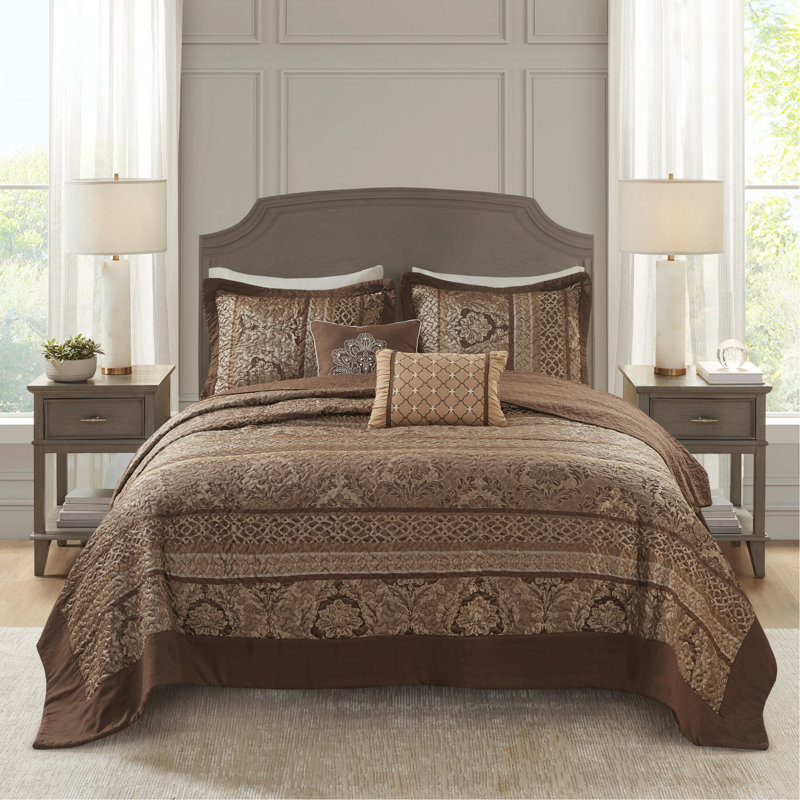 Ensemble de couvre-lit réversible 5 pièces en jacquard brun / doré, Couvre-lit grand + 4 pièces supplémentaires