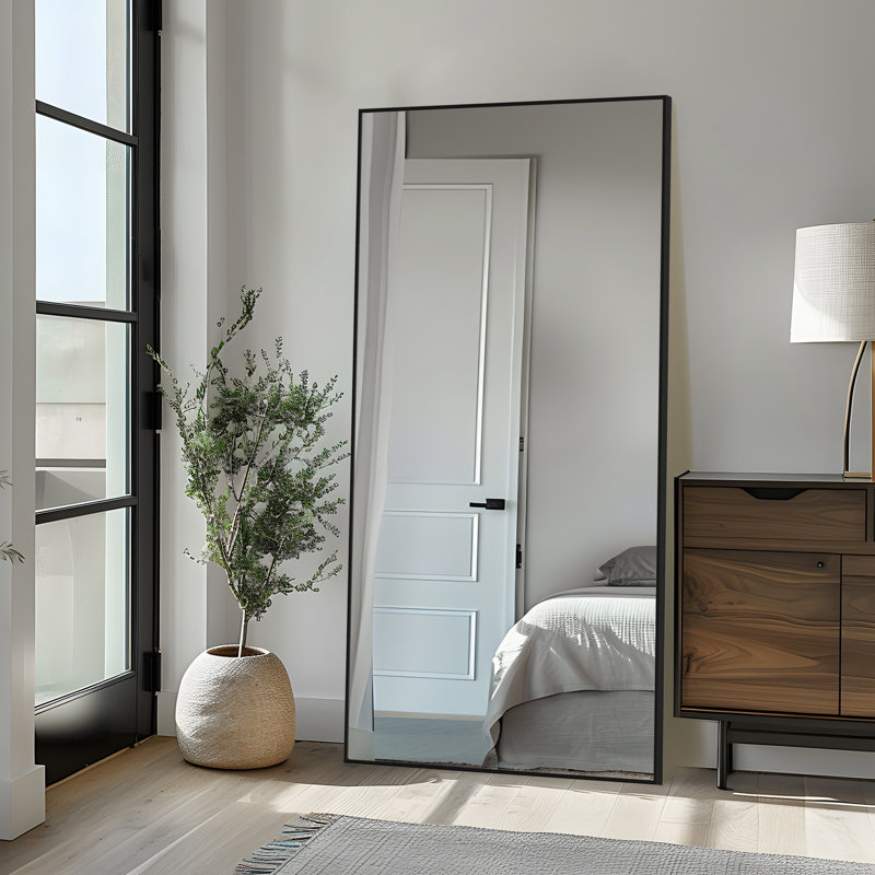 Lensa Rectangle Metal Full Length Wall Mirror with Embedded Bracket, 71" x 39", Black