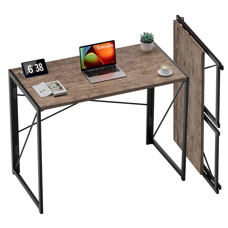 Rustic Brown Folding Computer Desk, No Assembly Space Saving Writing Table, 28.4" H x 31.5" W x 15.8" D