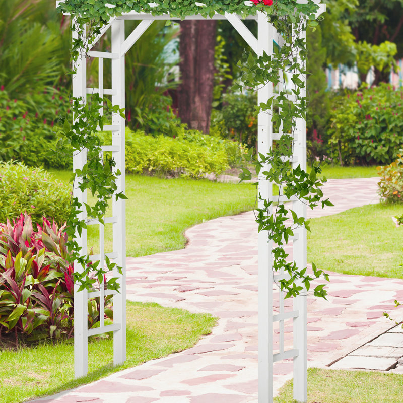 Treillis de jardin en bois blanc de 85 po pour la cérémonie, plantes grimpantes à structure extérieure, conception embellissant le jardin, cadre en bois massif, configuration simple des vignes, facilite le processus