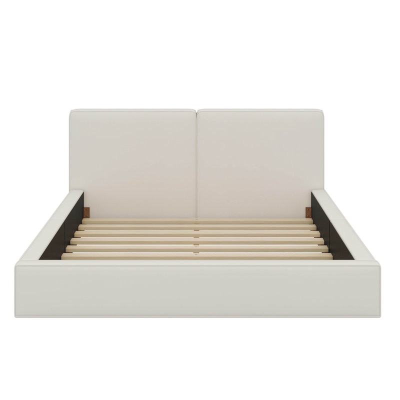 Grand lit plateforme tapissier (tissu en velours) - Style terre et structure solide, Beige