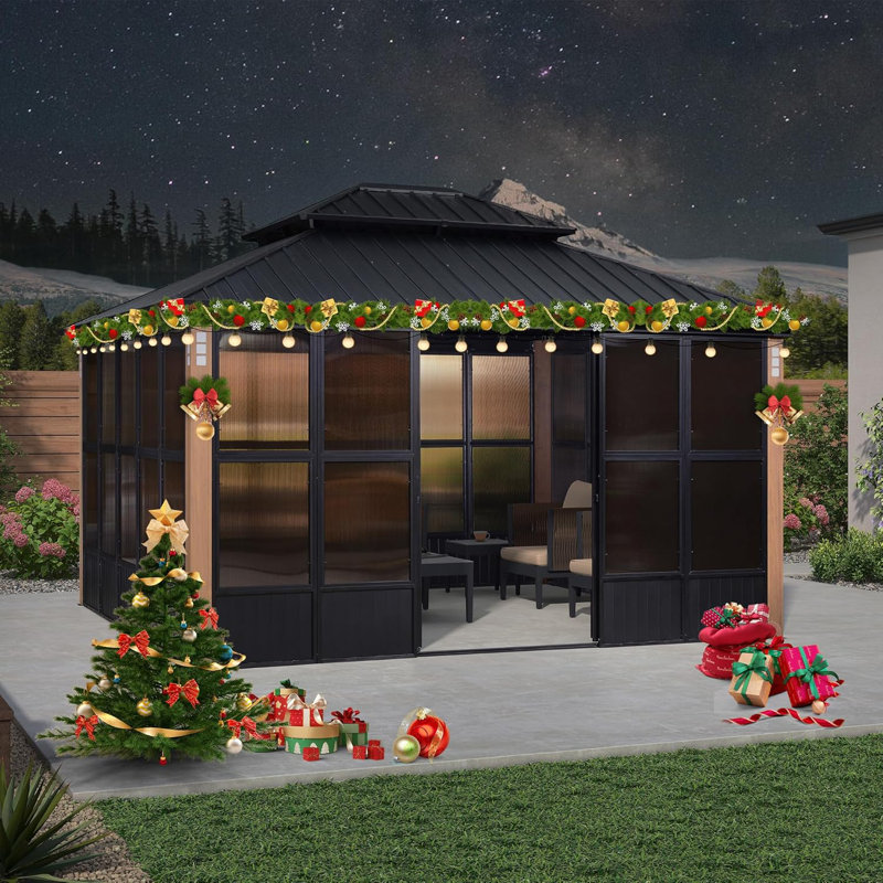 Purple Leaf Patio Hardtop Gazebo Double Top Outdoor Screen House Aluminum Solarium Backyard Sun Room With Detachable Windows with 48 FT String Light