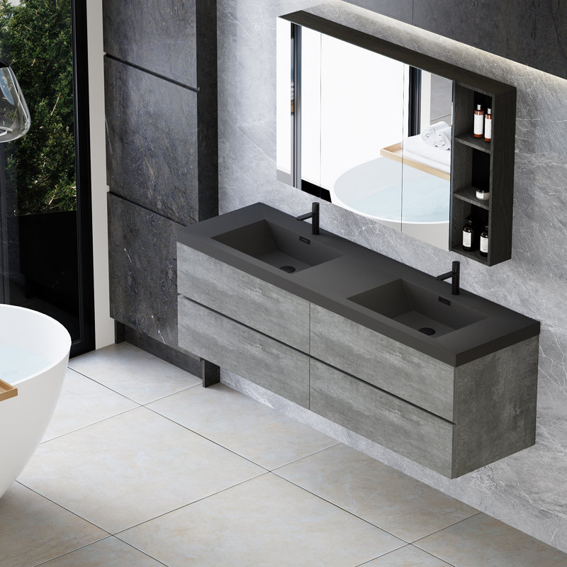 Meuble-lavabo double 60 po avec plateau en quartz Cutaio