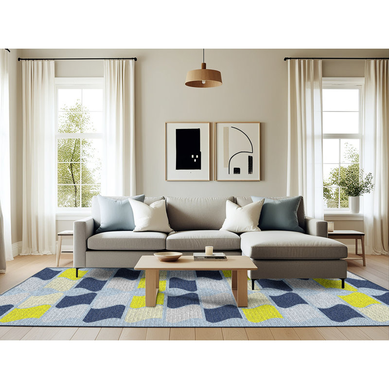 Tapis bleu/jaune à motifs, Rectangle 6 pi x 9 pi