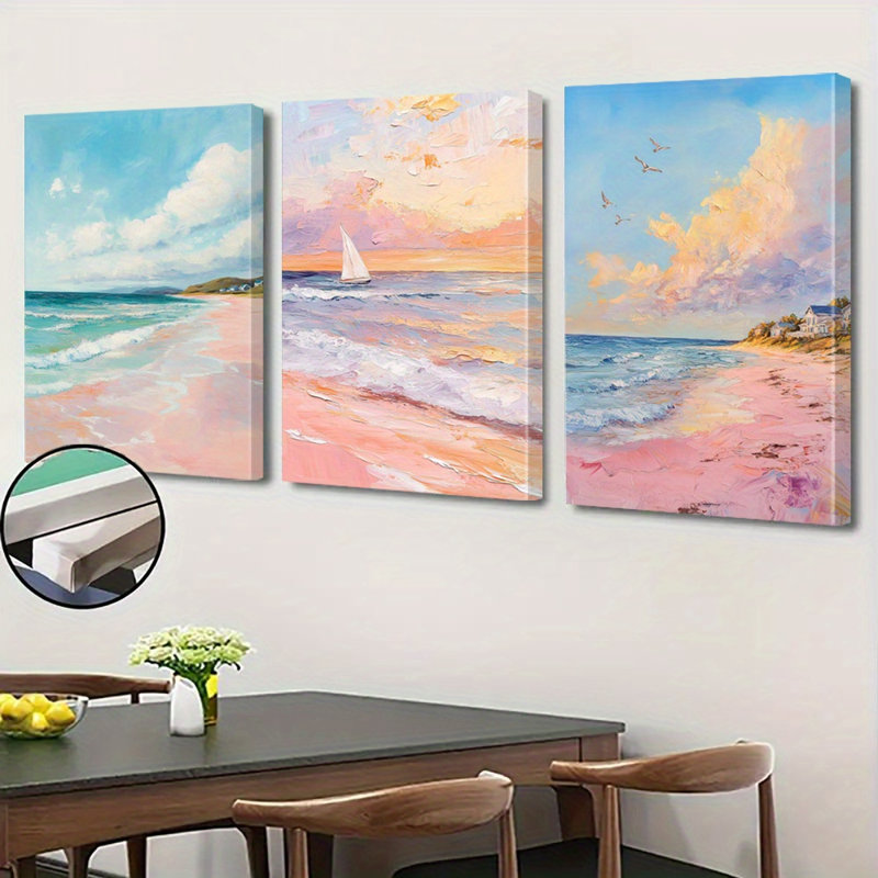 «Pink Beach», reproduction sur toile 3 pièces pour décoration de salon, 18 x 12 pouces 3 pièces