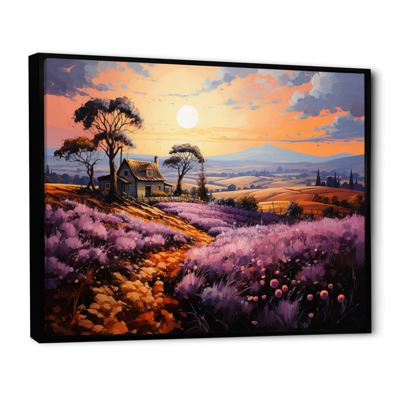 " Countryside Lavender Landscape Patchwork IV ", 24" H x 32" W x 1" D, Black Floater Framed