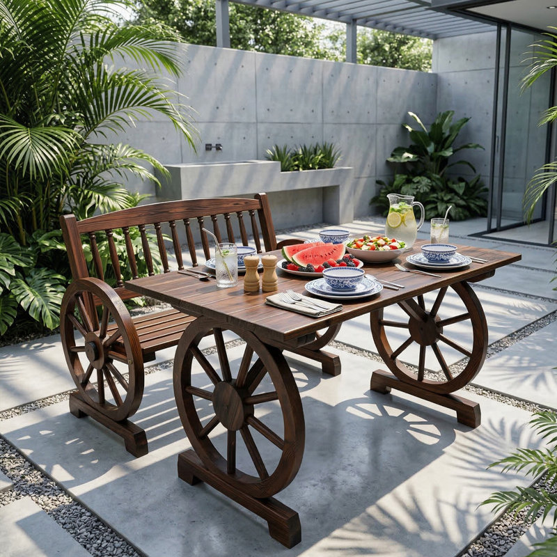 Table de salle à manger rustique en bois massif avec pieds à roulettes