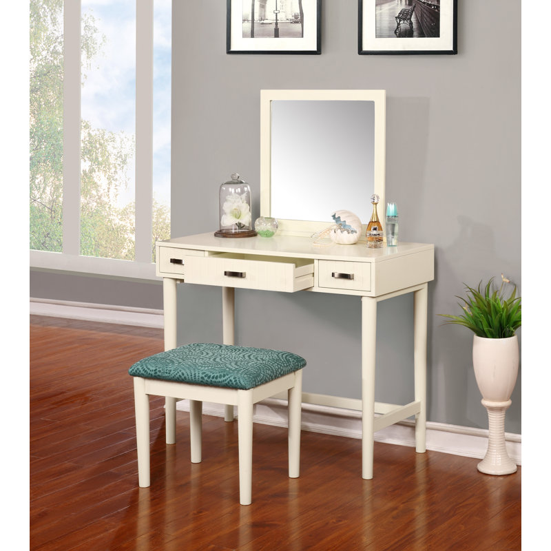Simen Wood Three Drawer Mirror Stand Vanity with Stool