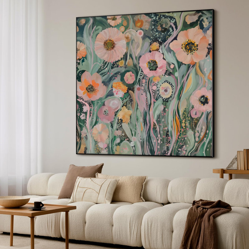 Extra Large Wall Art Fabric Print - Whimsical Pastel Garden Floral Artwork Decor for Living Room or Bedroom - "Frame Assembly Required (Unfinished Frame)"