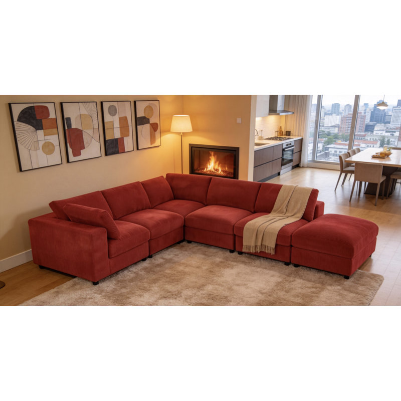 Arregui 108.5" Wide Symmetrical Modular Corner Sectional with Ottoman, Red Corduroy
