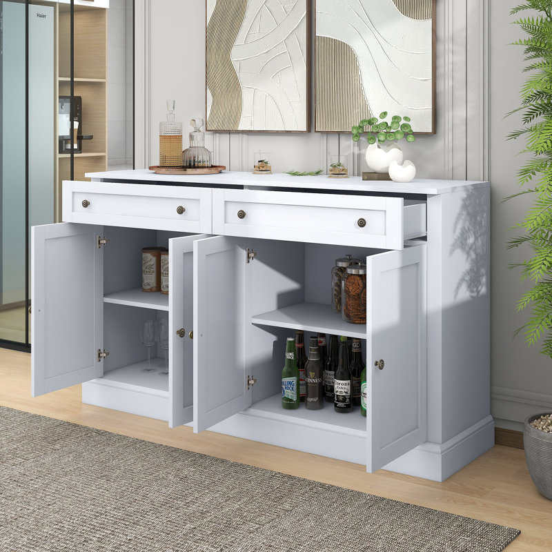 Kitchen Sideboard Storage Buffet Cabinet With 2 Drawers & 4 Doors Adjustable Shelves For Dining Room, Living Room, White