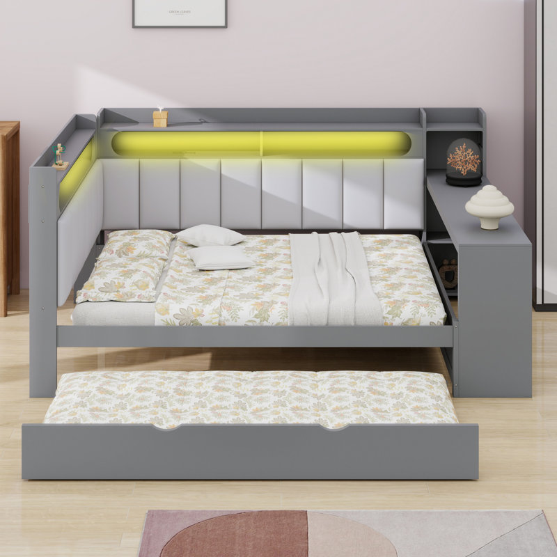 Système de lit de jour complet avec tablettes, lit gigogne, bureau et dossier rembourré, Gris
